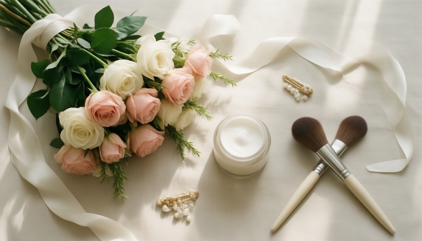Brautstyling Dresden Braut-Beauty Stillleben mit Brautstrauß und Make-up-Pinseln width=